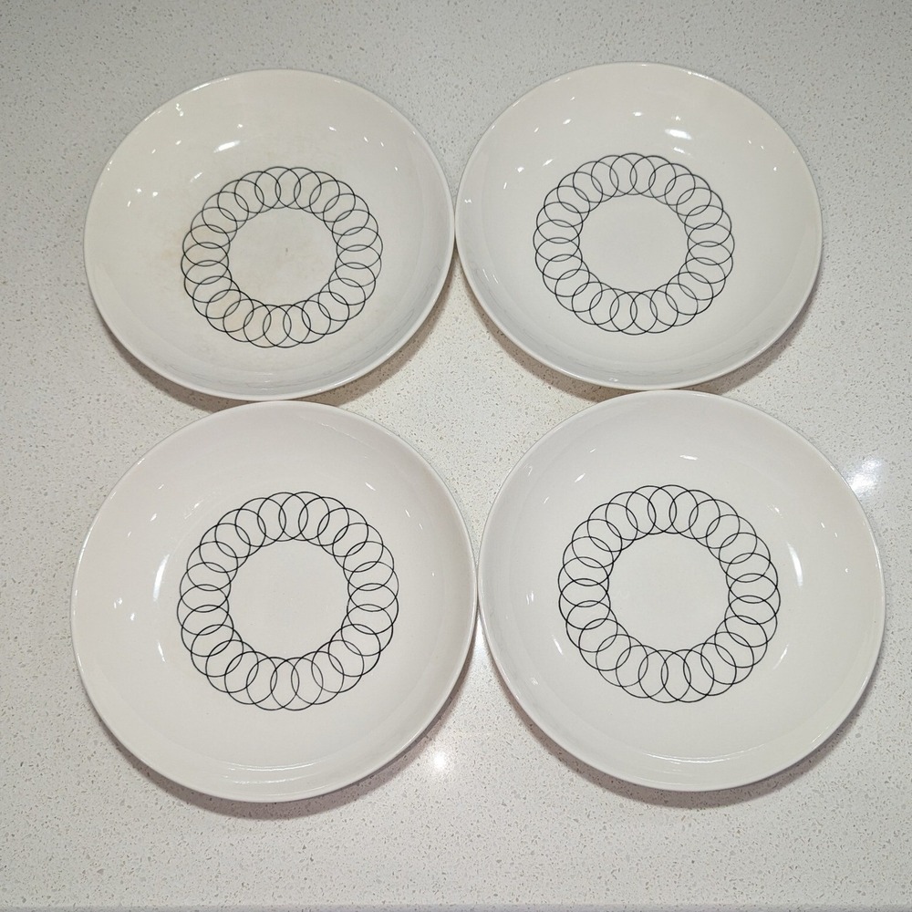 Rare VTG Stetson Shallow Bowls Cream Black Geometric 1950 Oven Safe 5 pc